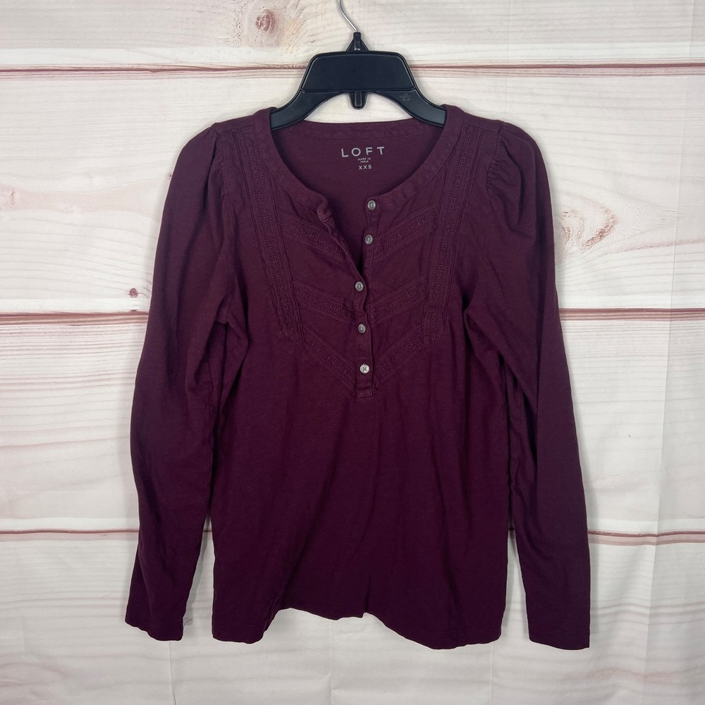 LOFT Top Womens XXS Burgundy Henley T-Shirt Embroidered Long Sleeve Cotton Solid